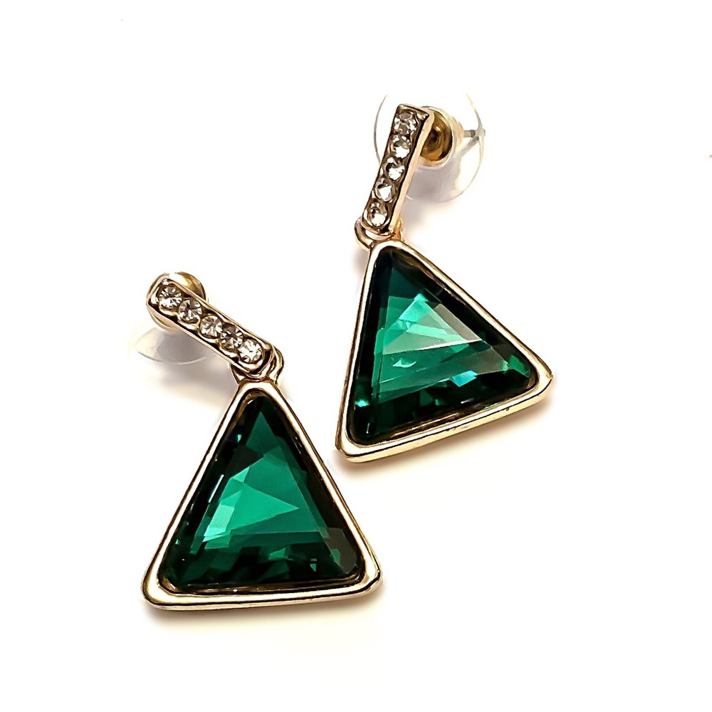 Gold & Emerald Green Crystal Earrings - Picture 2 of 7